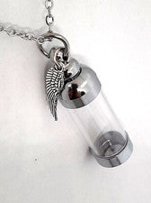 Vial de vidrio transparente urna cremación ala de ángel collar perfume arena flores tela