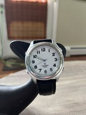 Reloj Talking Atomic Cuero Correa Negra Plata Cromo Cabeza Reloj Fuerte y Transparente
