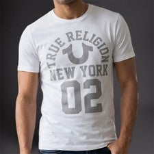 $69 TRUE RELIGION Blanco Gris NUEVA YORK Camiseta Manga Corta Diseñador Gráfico Nueva Con Etiquetas