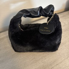 Bolso de mano de felpa de piel sintética negro para mujer con asa superior pequeño