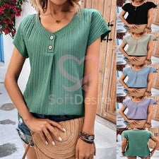 Top Para Mujer Verano Versátil Pit Rayas Sólido Botón Giratorio Moda Manga Corta