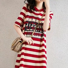 Vestido casual para mujer rayas cuello redondo manga corta tela poliéster