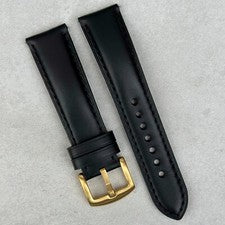 Correa de reloj de cuero acolchada negra azabache, hebilla dorada, 18 mm 19 mm 20 mm 21 mm 22 mm 24 mm