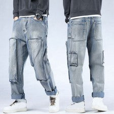 Moda Para Hombres Denim Sueltos Jeans Hip Hop Carga Pantalones Sueltos Informales Pierna Ancha