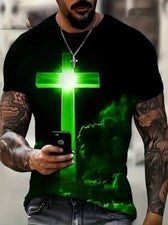 Camiseta Cruz Cristiana Nube Ligero Verde Negro Moda Hombre Manga Corta Suave
