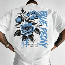 [Camiseta Hombre] Nueva Camiseta Para Hombre, American Street Style Azul Estampado Peonía Camiseta