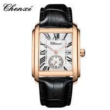 Reloj pulsera analógico de cuarzo con correa de cuero con esfera cuadrada con números romanos informales para hombre