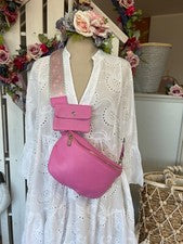 Bandolera de cuero rosa Italy para mujer 3 piezas cartera + correa