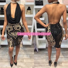 Cindy Verano Sexy Mujer Espalda descubierta Halter Elegante Lentejuelas Vendaje Malla Vestido de Fiesta