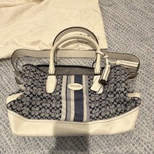 Cartera para mujer Coach azul blanco con logotipo con correa desmontable y herrajes plateados