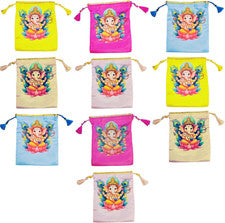 - Pack de 10 Bolsas Potli de Tela Diseño Ganesh - Cierre de Cordón de Seda para Mujer -