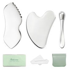 Herramientas faciales y aplicador de crema para ojos Gua Sha de acero inoxidable 3 piezas Metal GuaSha...