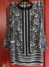 Vestido clásico para mujer Apt.9 negro blanco estampado geométrico manga larga talla 6 nuevo con etiquetas
