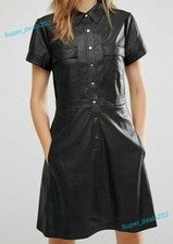 Mujer Negro Cuero Vestido Botón Delantero Informal Fiesta Mini Conjunto Ropa Elegante