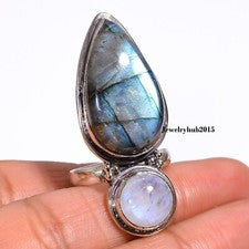 Anillo de labradorita natural y piedra lunar anillo hecho a mano plata 925 todos los tamaños MO*