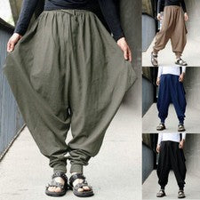 Moda Hombres Pantalones Harén Informales Sueltos Hakama Lona Japoneses Samurai Pantalones