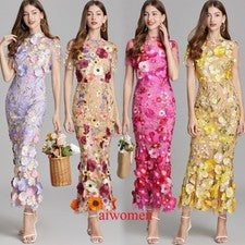 Vestido de noche de sirena paquete de cadera bordado flores 3D de malla de moda para mujer