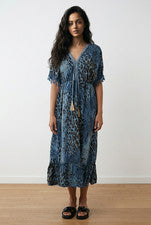 Vestido midi de verano para mujer azul leopardo de gran tamaño con borla frontal. Talla única: Reino Unido 8-16