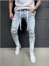 Pantalones de mezclilla ajustados ajustados lavados pequeños con bolsillo lateral informal de moda para hombre