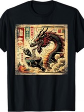 Camiseta Japonesa Dragon Eating Ramen Vintage Arte Gráfico Mismo Estilo para Hombres y