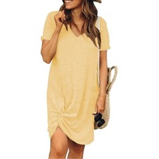 ⭐Vestido Camiseta Mujer Moda Verano Manga Corta Cuello V Casual Vestido Amarilla