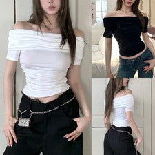 Retro Glam Damen Schulterfreies Kurzarm T-Shirt für Freizeit Mode Style