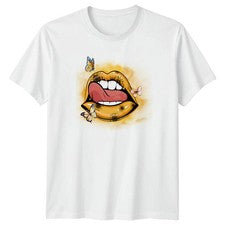 Camiseta vibrante girasol labios diseño mariposa mujer floral botánica