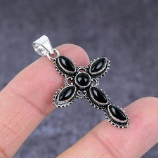 Colgante Cruz Regalo Plata Esterlina 925 Piedras Preciosas Espinela Negra 1.81" h778