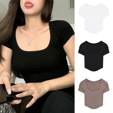 Moda coreana mujer monocromática manga corta sin vientre parte superior escote en U