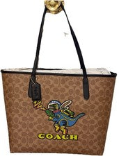 Bolso de Mano COACH Cosmic City Firma Lona Rexy Dinosaurio Astronauta Estampado Nuevo