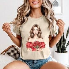 Camiseta de mujer de moda con ramo de rosas