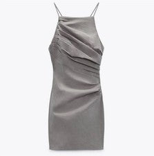 NUEVO CON ETIQUETAS ZARA Bodycon Gris Claro Cruzado Espalda Tirantes Mini Vestido Para Mujer Talla Grande NUEVO
