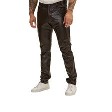 Pantalones de mezclilla de cuero genuino para hombre estilo 5 bolsillos moto piel de oveja marrón pantalones