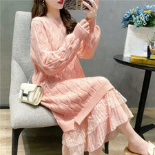 Vestido de punto con cable para mujer suéter manga larga encaje partido suelto cálido chic