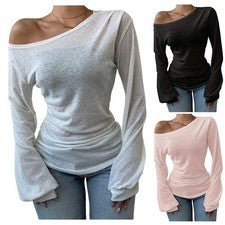Camiseta informal suelta transparente de poliéster sin hombros para mujer de uso diario