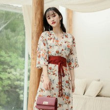 Vestido kimono japonés para mujer escote en V estampado floral falda slim con cinturón