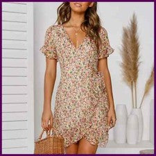 Sexy Vestido Corto de Verano para Mujer Moda Flor Con Cordones Cintura Alta Gasa