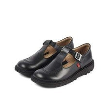 Zapatos escolares Kickers Kick T Bar de cuero para jóvenes (negros)