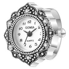 Reloj de anillo reloj de dedo mujer analógico cuarzo retro tallado flores pedrería acero inoxidable...