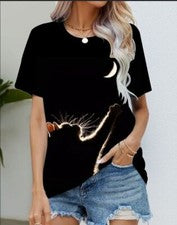 Blusa Camiseta Mujer Negro Gato Silhouett Luna Moda Manga Coorta Camiseta Sedosa