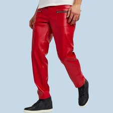 Pantalón de piel de cordero real de cuero suave rojo estilo cremallera bolsillos y motociclista para hombre