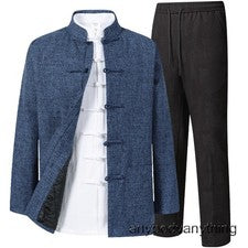 Conjunto de 2 piezas de trajes de espiga estilo chino retro para hombre algodón lino abrigo pantalones ropa exterior tal