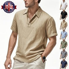 Camisa Polo Para Hombres Informal de Lino Manga Corta Transpirable Verano Solapa Prendas para el torso Blusa Reino Unido