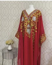 Vestido Rojo Islámico Kaftan Abaya Dubai Elegante Farasha Largo Marroquí Hecho a Mano Vestido