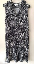 Vestido London Times sin mangas para mujer 14 elástico negro blanco volante abstracto nuevo con etiquetas