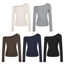Camiseta sin cordones para mujer manga larga capa base estilo coreano cuello cortado top