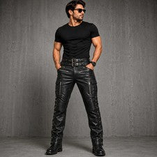 Pantalón de motociclista de cuero real para hombre con cordones laterales y cargo estilo motociclista pantalón de cuero