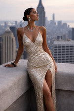 Vestido midi de lentejuelas doradas para mujer S Moda Nova ceñido al cuerpo sin cordones cóctel fiesta noche
