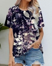 Blusa Camiseta Mujer Flor Púrpura Hojas Florales Moda Manga Corta Sedoso Suave
