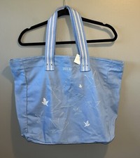 Bolso de Mano Aerie Azul Lona Bordado Pájaros Plateados Grande Nuevo 15x15x5 Playa Gimnasio